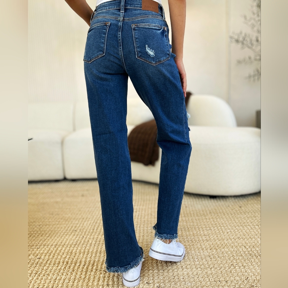 Mid-Rise Distressed Torn Mom Jeans Straight Leg Raw Hem Denim Pants Judy Blue - Picture 13 of 16
